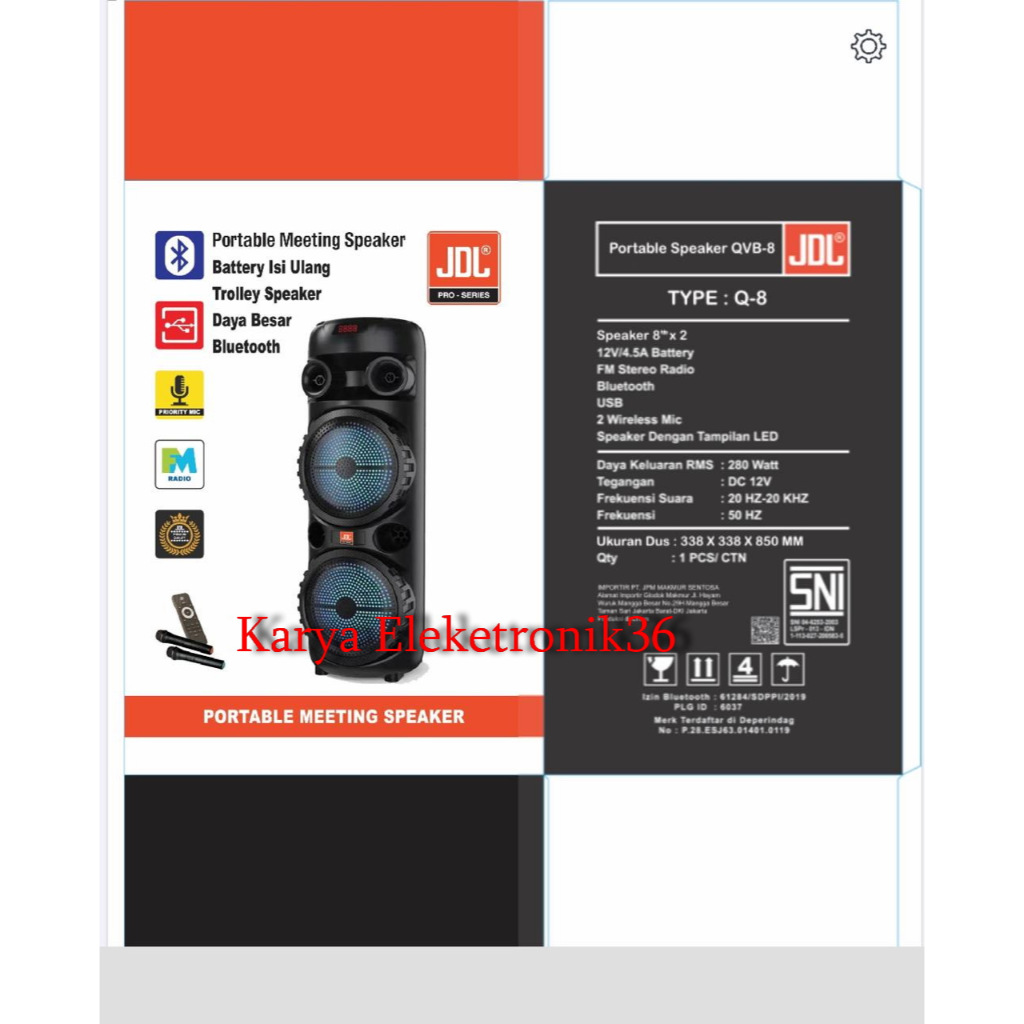 Speaker Portable Jdl 8 Inch Qvb8 /Qvb 8 / Qvb-8 Q8 Free 2 Mic Wireless