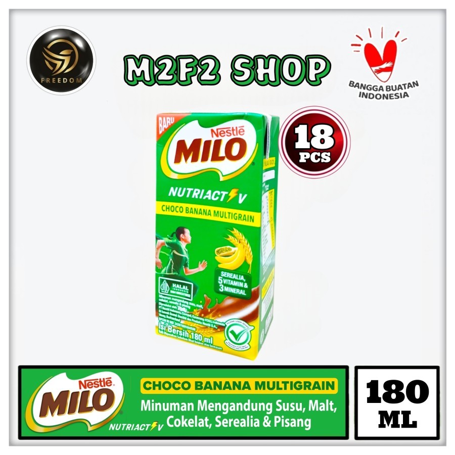 

Nestle Milo Nutri Active Choco Banana Multigrain | Susu, Malt, Cokelat, Serealia & Pisang Kotak UHT - 180 ml (Kemasan 18 Pcs)