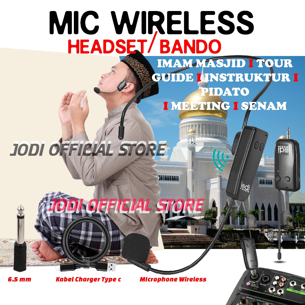 JODI HM 1 / HM 2 Microphone Mic Clip On Wireless Bando UHF 2.4G Presentasi Tur Imam Masjid Musholla 