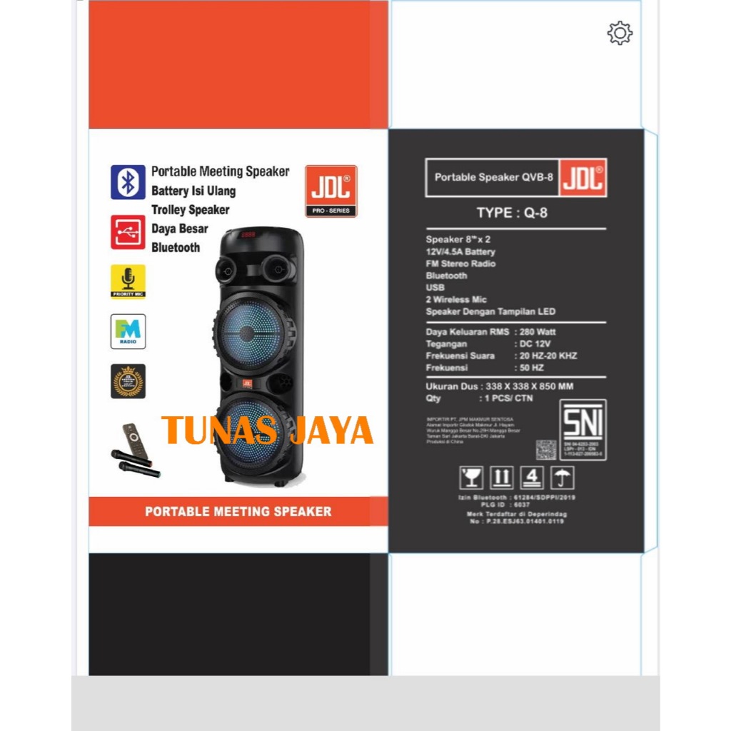 Speaker Portable Jdl 8 Inch Qvb8 /Qvb 8 / Qvb-8 Q8 Free 2 Mic Wireless
