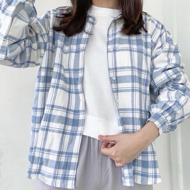 Kemeja Flanel Wanita Korea Oversize Baju Casual Kotak-Kotak Tangan Panjang Kemeja Jumbo Kotak Kotak