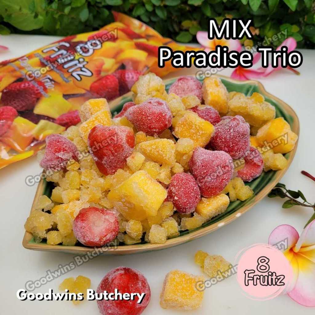 

Frozen fruit IQF MIX PARADISE TRIO Strawberry Mango Peach 8 Fruitz imported buah beku 8Fruitz 500g