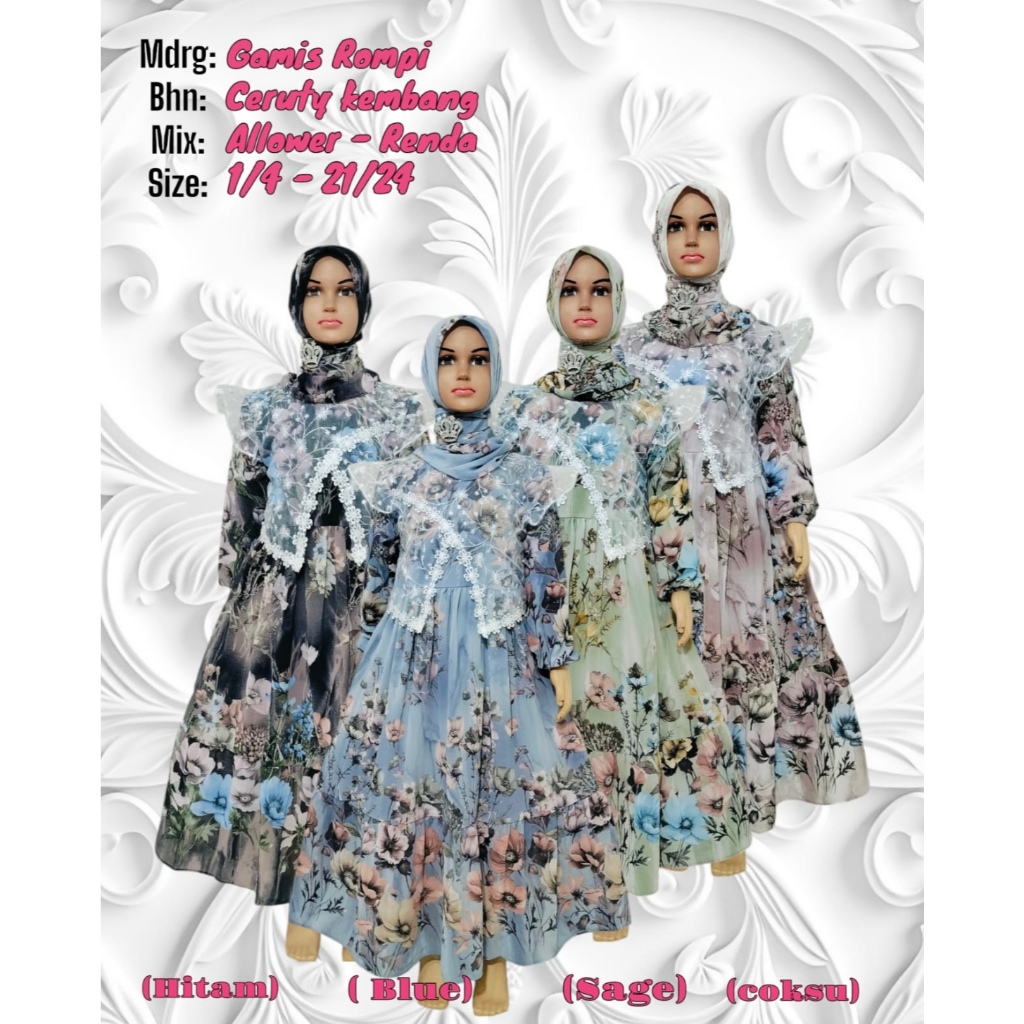 Baju Gamis Ceruty Bunga Kembang Terbaru Anak Perempuan Usia 3-12 Tahun | Gamis Mix Rompi Cardigan Br