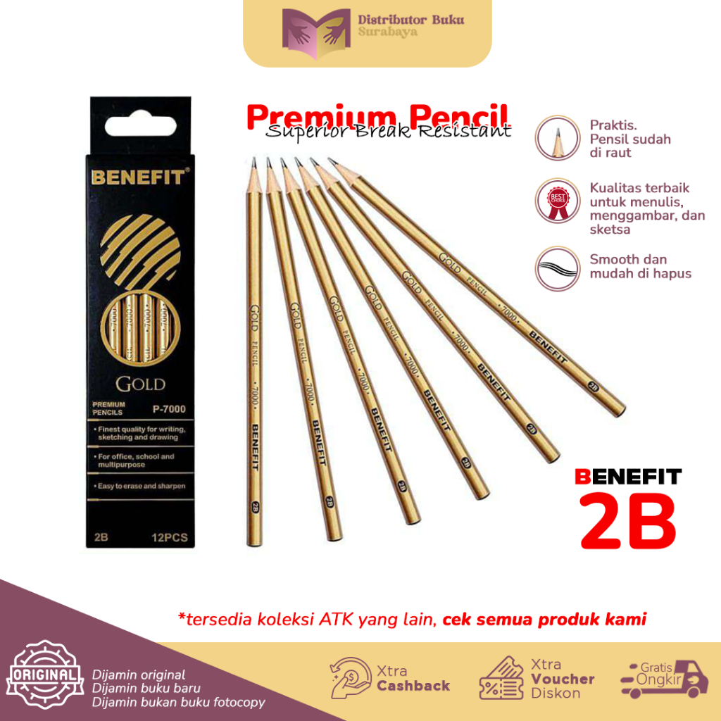 

Premium Pensil 2B Benefit P-7000 Gold Smooth Superior Break Resistant - Pcs
