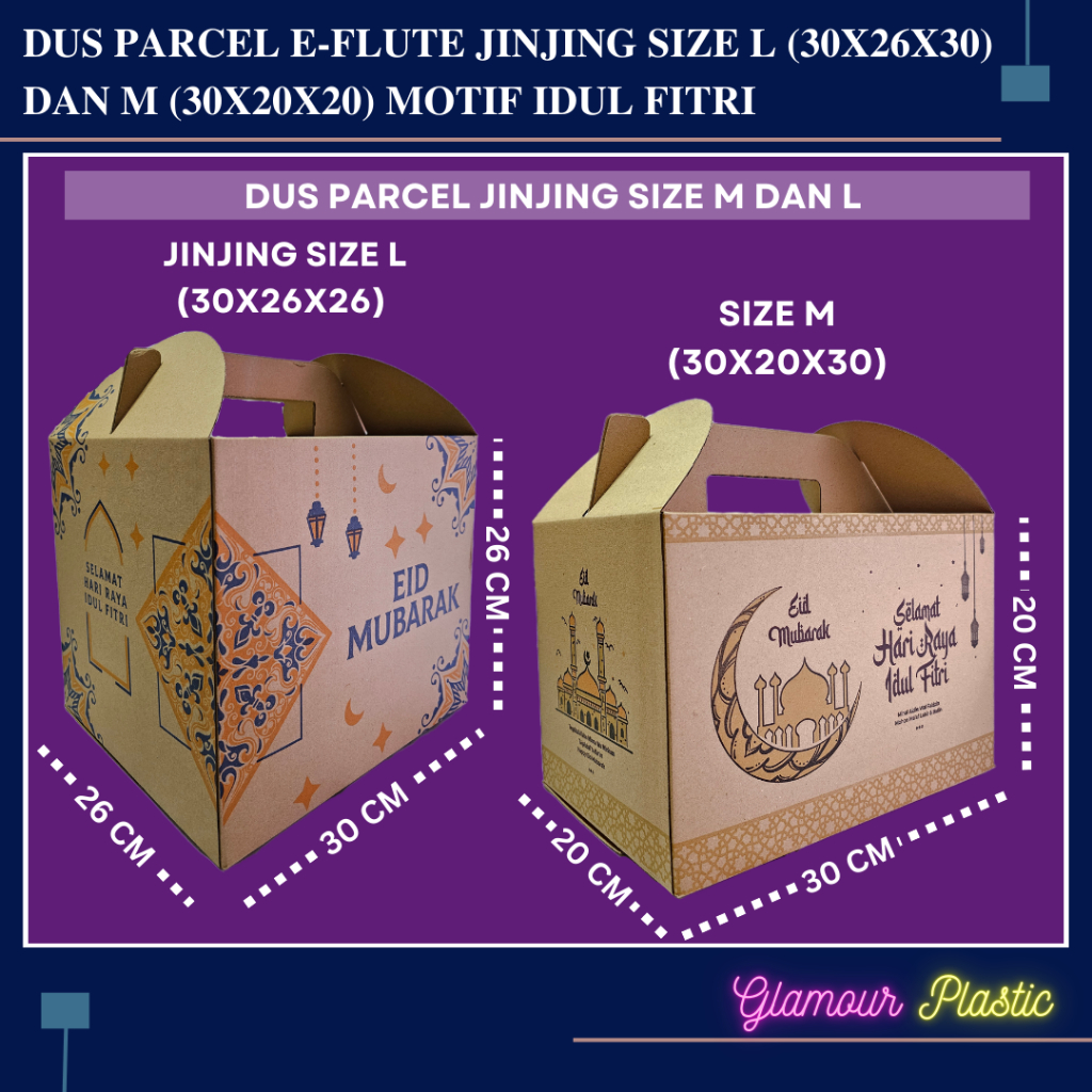 

Dus Jinjing Parcel Motif Idul Fitri ukuran L (30X26X26), M (25X20X30)/Box Parcel/Kardus