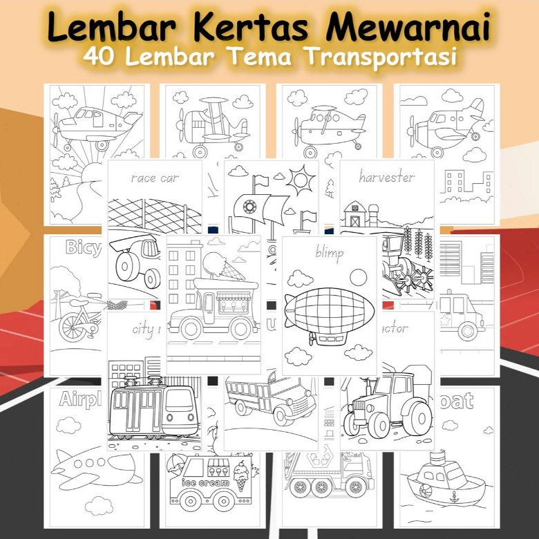 

Kertas Gambar 40 Lembar - Kertas Mewarnai Tema Kendaraan Transportasi Bagian1 - Coloring Pages A4 A5