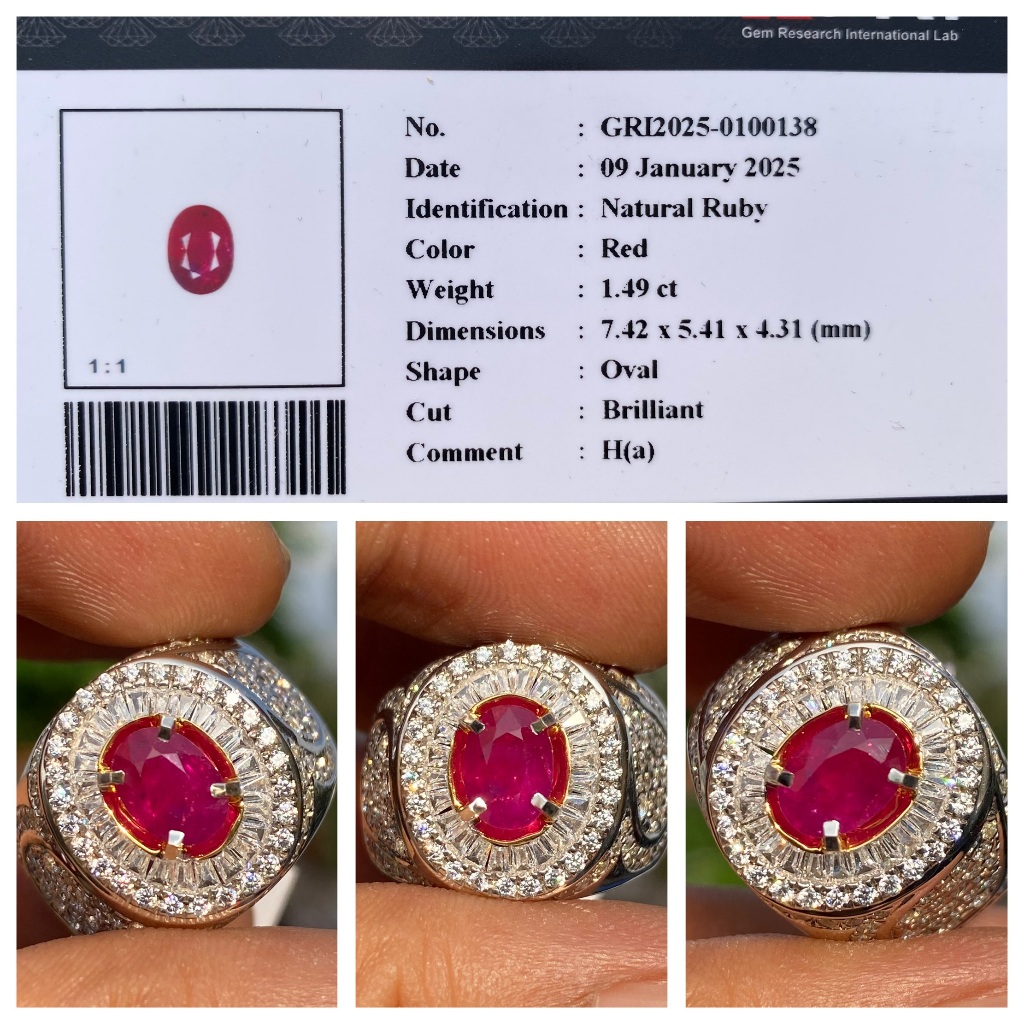 Natural 1.49ct red ruby heat ring micro memo gri
