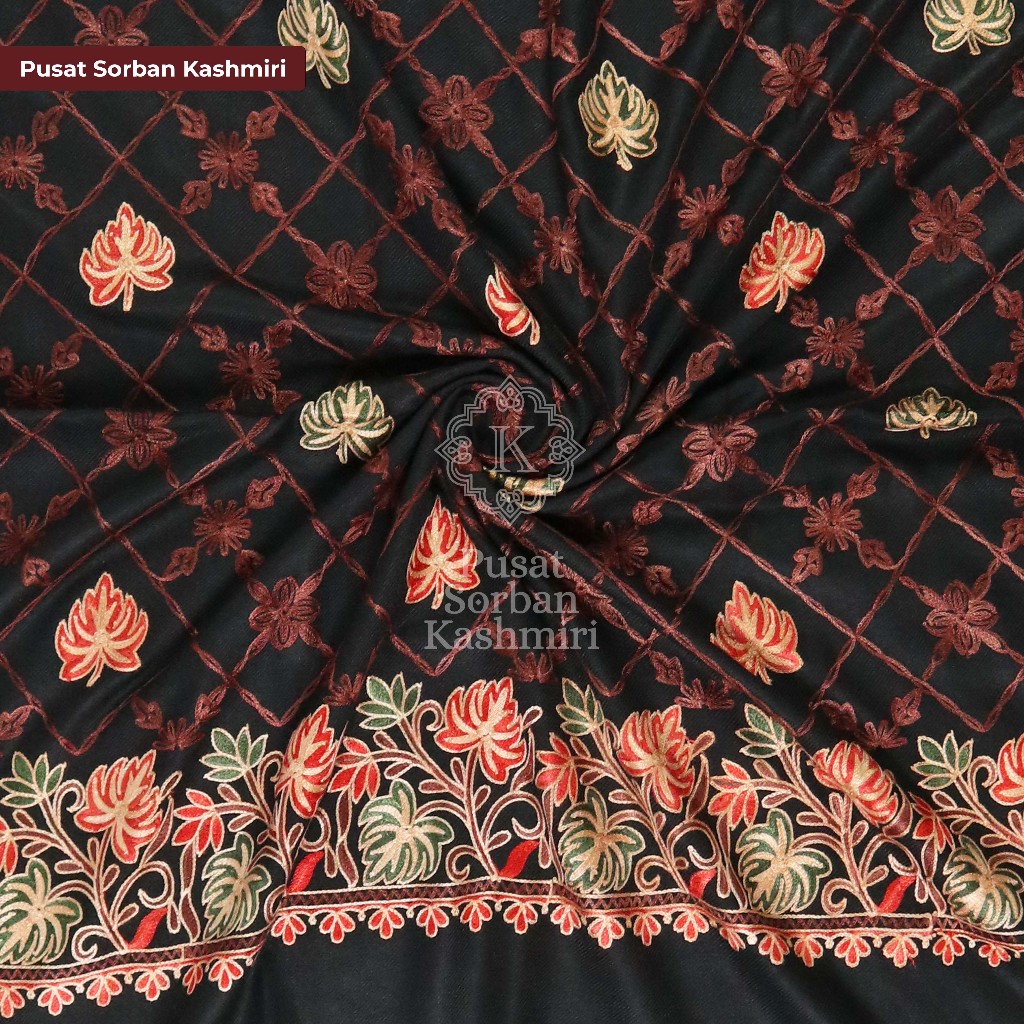 Sorban Kashmiri AJAY 18004 Hitam Putih Full Motif Sulam