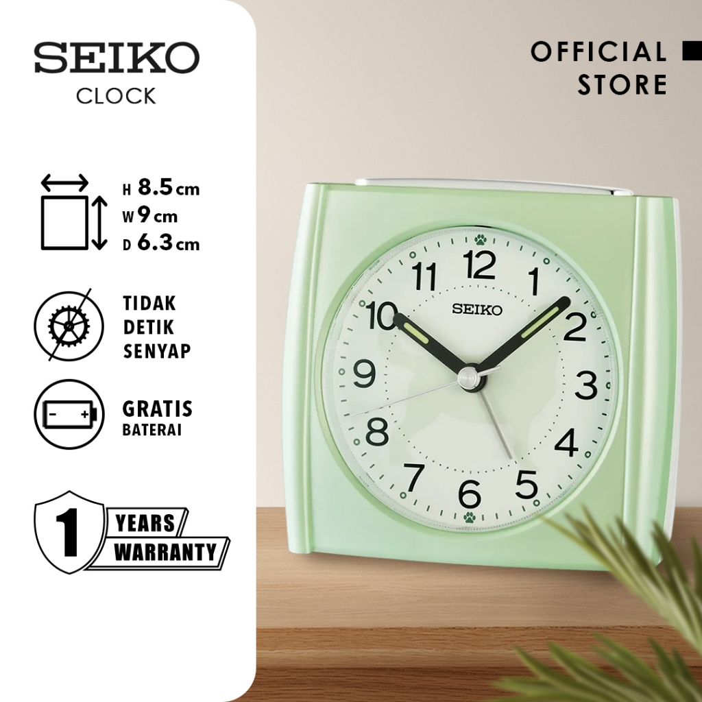 Seiko Clocks Jam Weker Seiko QHE209M White Dial Kotak Hijau  9 cm