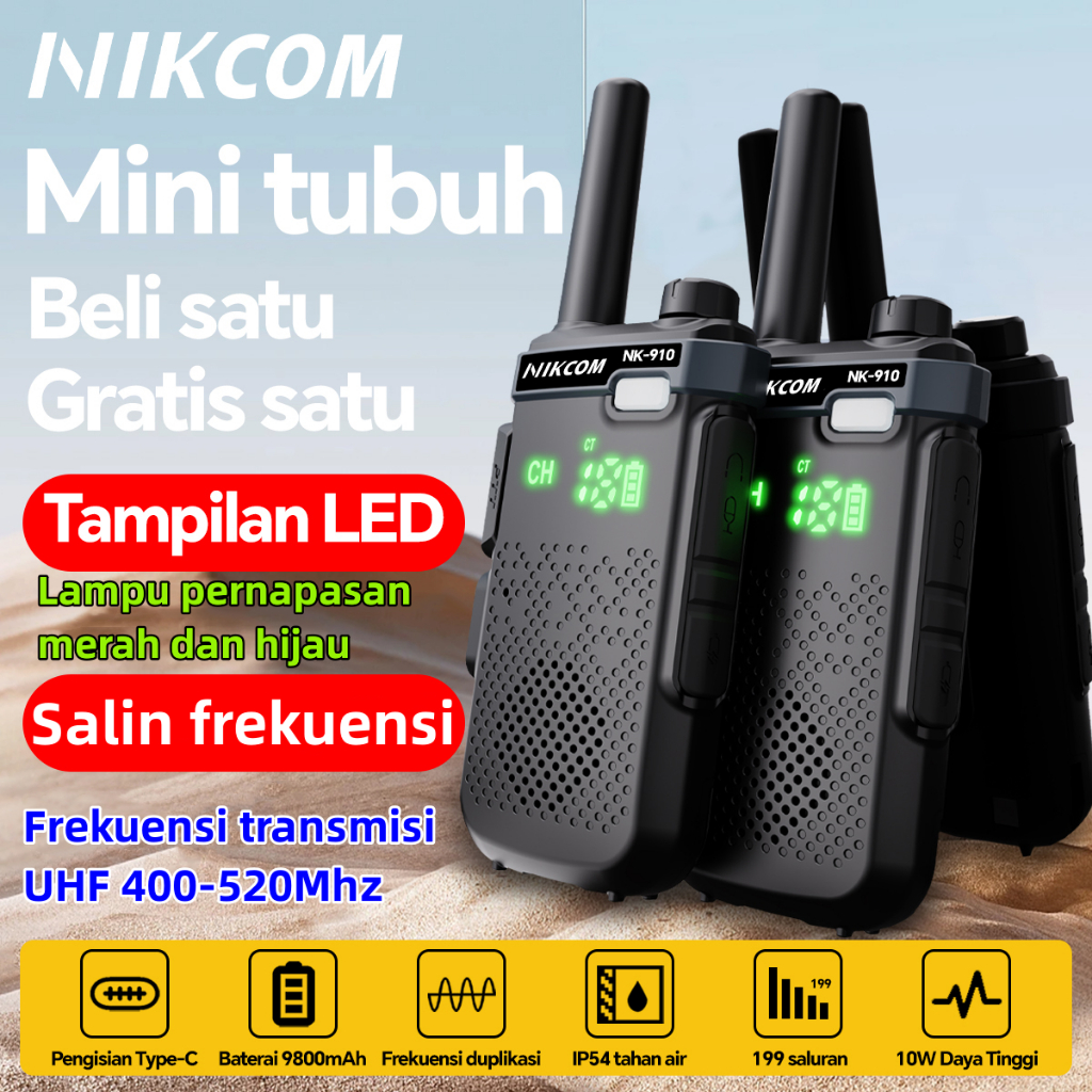2 Unit HT Mini Jarak Jauh 15KM NIKCOM 910 Walkie Talkie 10 Watt UHF 400-520MHz Frekuensi Salin Satu