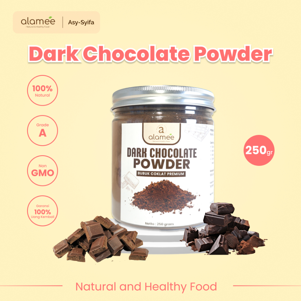 

ALAMEE Dark Chocolate Powder PREMIUM Minuman Bubuk Coklat Gluten Free Dark Cocoa Tanpa Gula 250gr