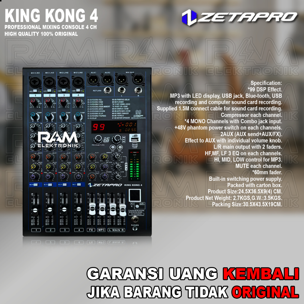 Mixer 4 Channel ZETAPRO KINGKONG 4 KINGKONG4 MP3 USB Recording Bluetooth Original TU2T