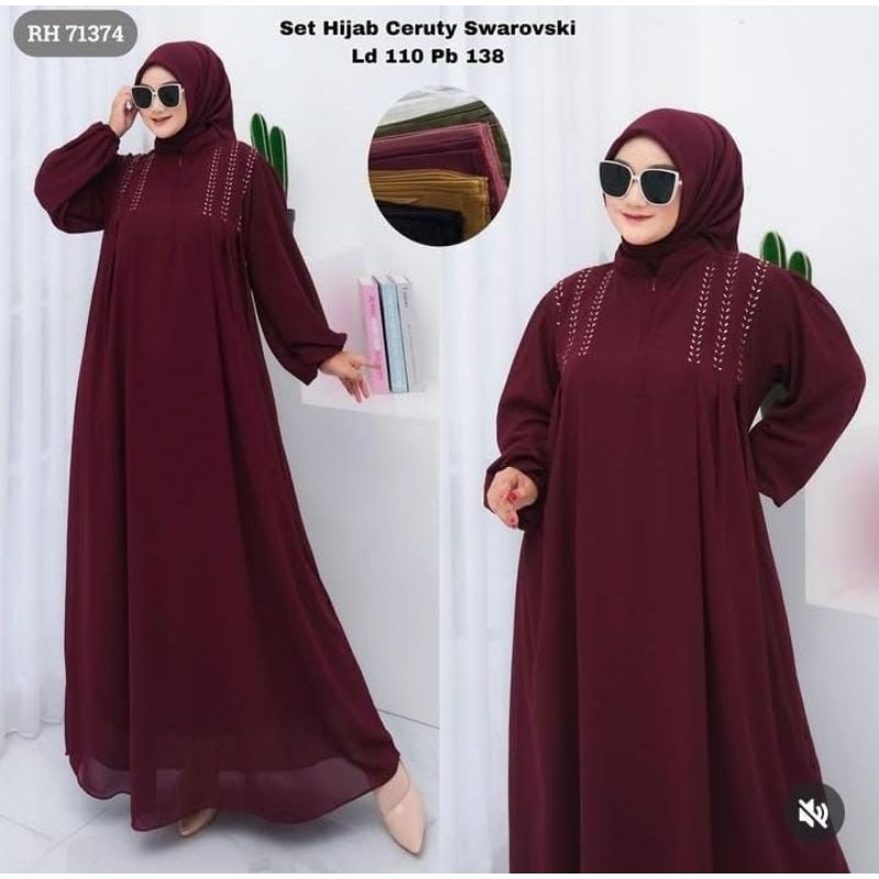 GAMIS DAN HIJAB SEGIEMPAT SWAROVSKI BAJU POLOS SET JILBAB BAHAN CERUTY