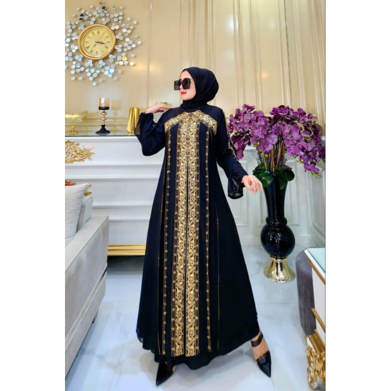 GAMIS ABAYA TURKEY BORDIR LENGAN BALON AMANDA GOLD