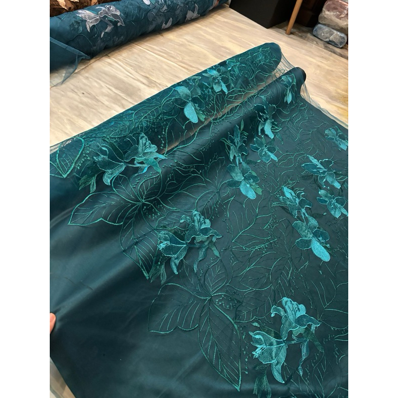 Bahan Brokat Tulle Tile Bordir Summer Floral Bunga Besar Warna Emerald Green Hijau