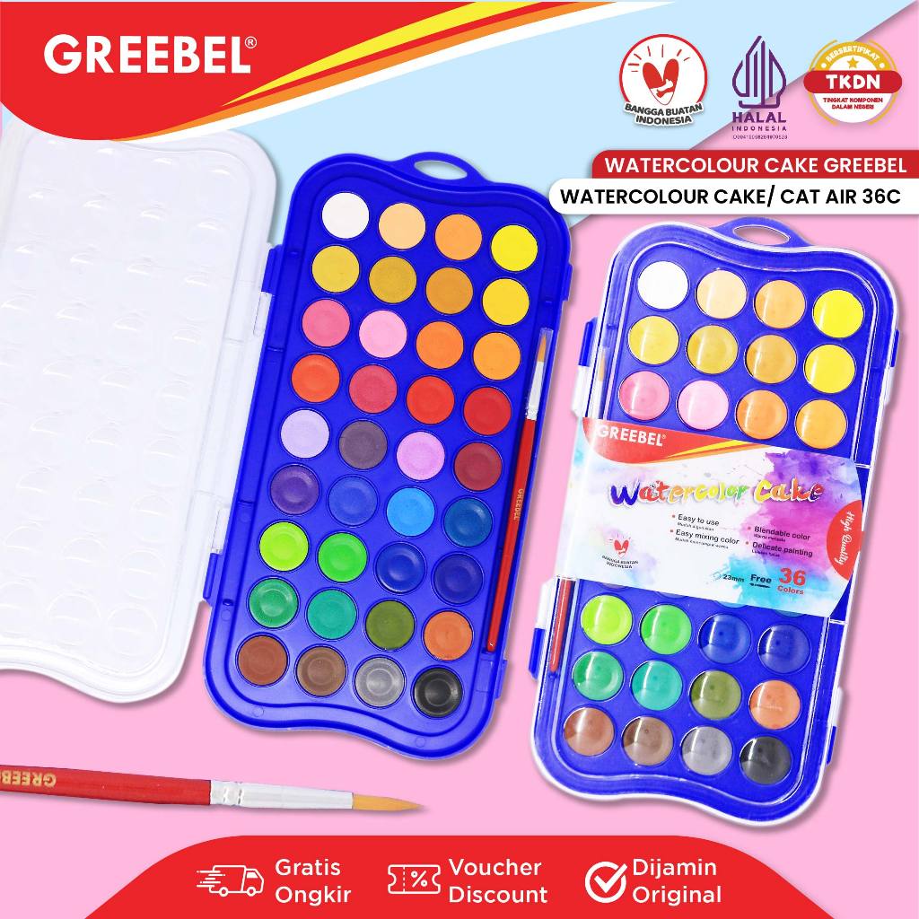 

GREEBEL Cat Air Set 36 Warna / Watercolor Cake Gratis Kuas (36 WARNA) / Cat Air Cat Lukis Melukis Mewarnai
