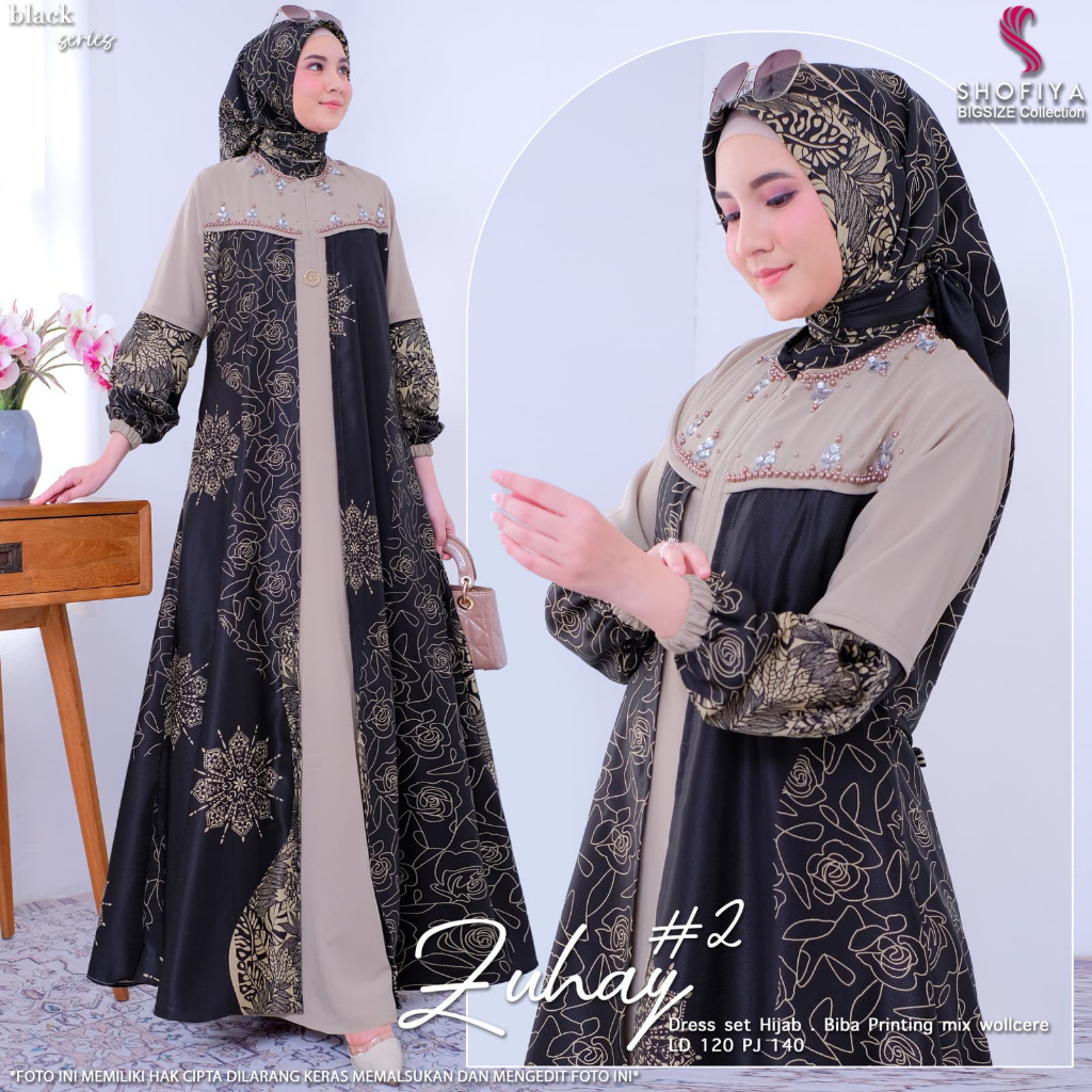 Zuhay2 Dress Kombinasi Batik Set Hijab Premium Gamis Motif Jumbo Terbaru Mewah Dewasa