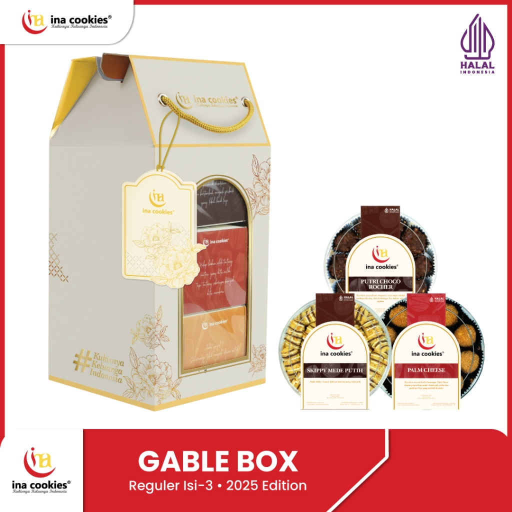 

Hampers Lebaran 2025 Gable Box Reguler Isi 3 Toples Kue Kering Premium Ina Cookies