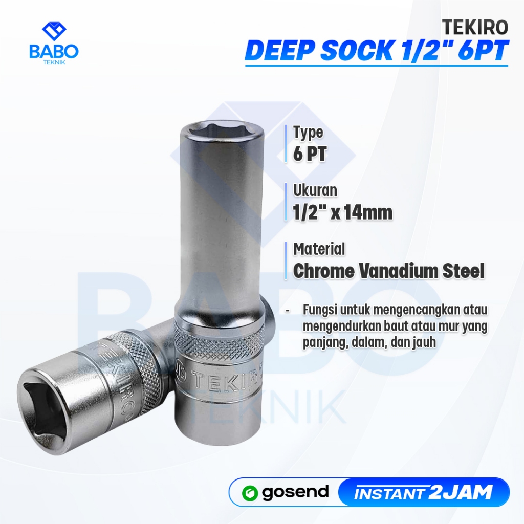 TEKIRO Mata Sok 14 mm Panjang Deep wall Socket 1/2” 6 PT Mata Kunci Shock 14 mm Mata Sock Panjang 14