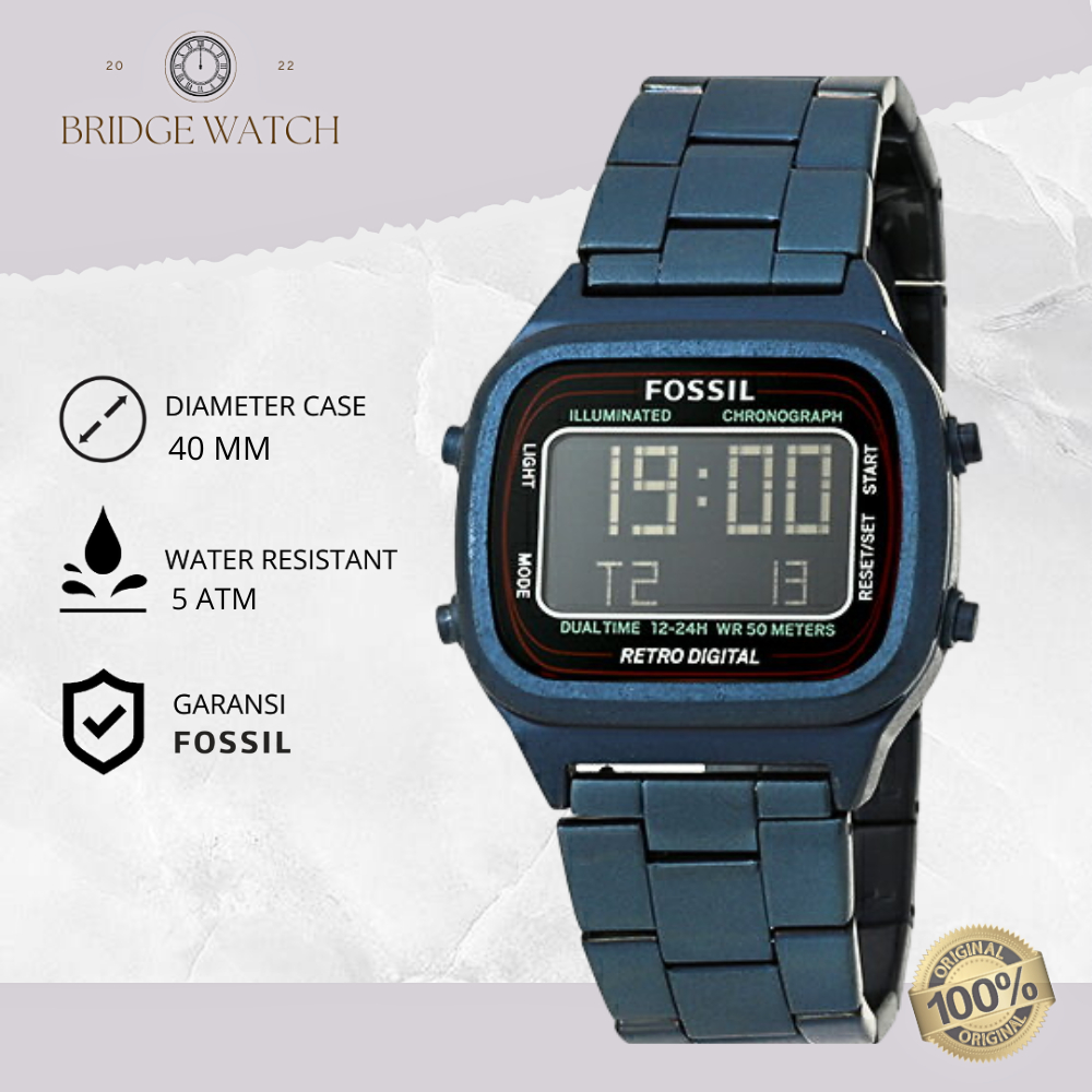 Jam Tangan Unisex Fossil Retro Digital FS5896 Boyfriend Original Analog Chronoghraph Blue Stanless S