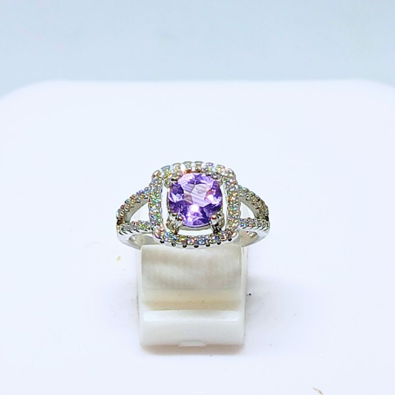Cincin PERAK Wanita Permata Ametis Kecubung Ungu
