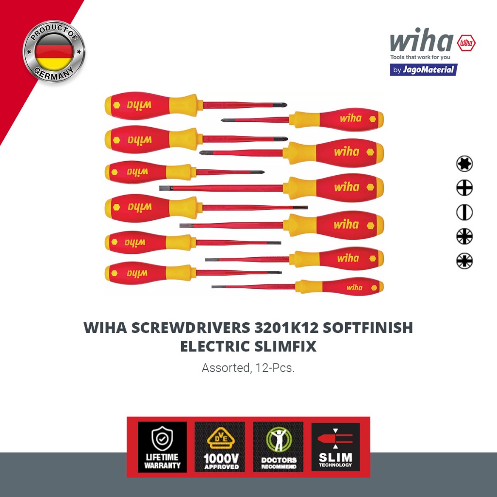 Wiha Insulated Screwdrivers 3201K12 Softfinish Electric Slimfix - Obeng Listrik Set Insulasi