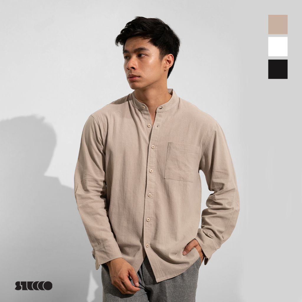 Stucco Riku Cotton Crepe Katun Kemeja Koko Pria Panjang Long Sleeve Shirt Stand Collar | Coklat susu