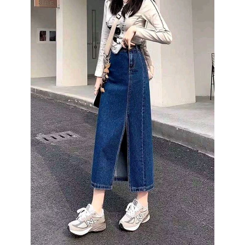 rok span jeans wanita belah samping