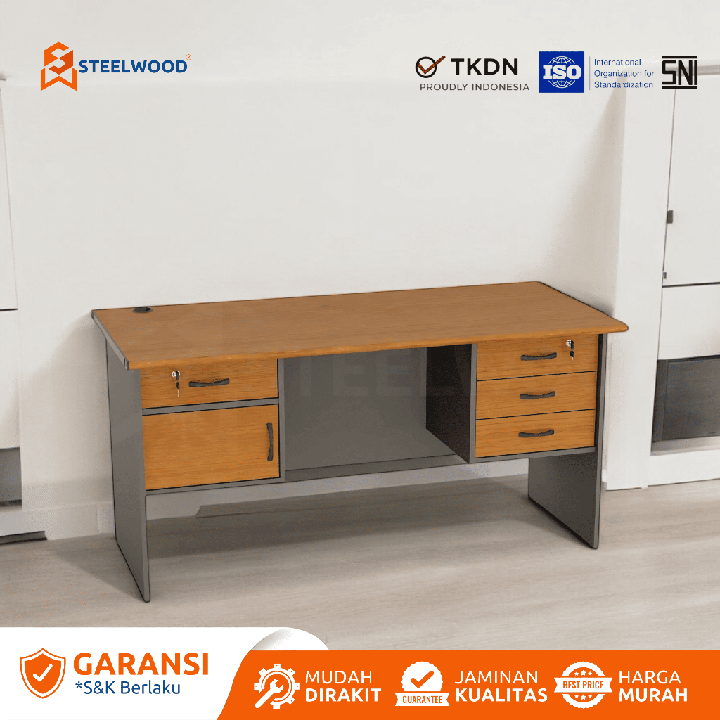 STEELWOOD || MEJA KANTOR 1 BIRO KAYU 4 LACI DAN 1 LOCKER/MEJA KANTOR/MEJA KERJA/MEJA KAYU/LACI LOCKE