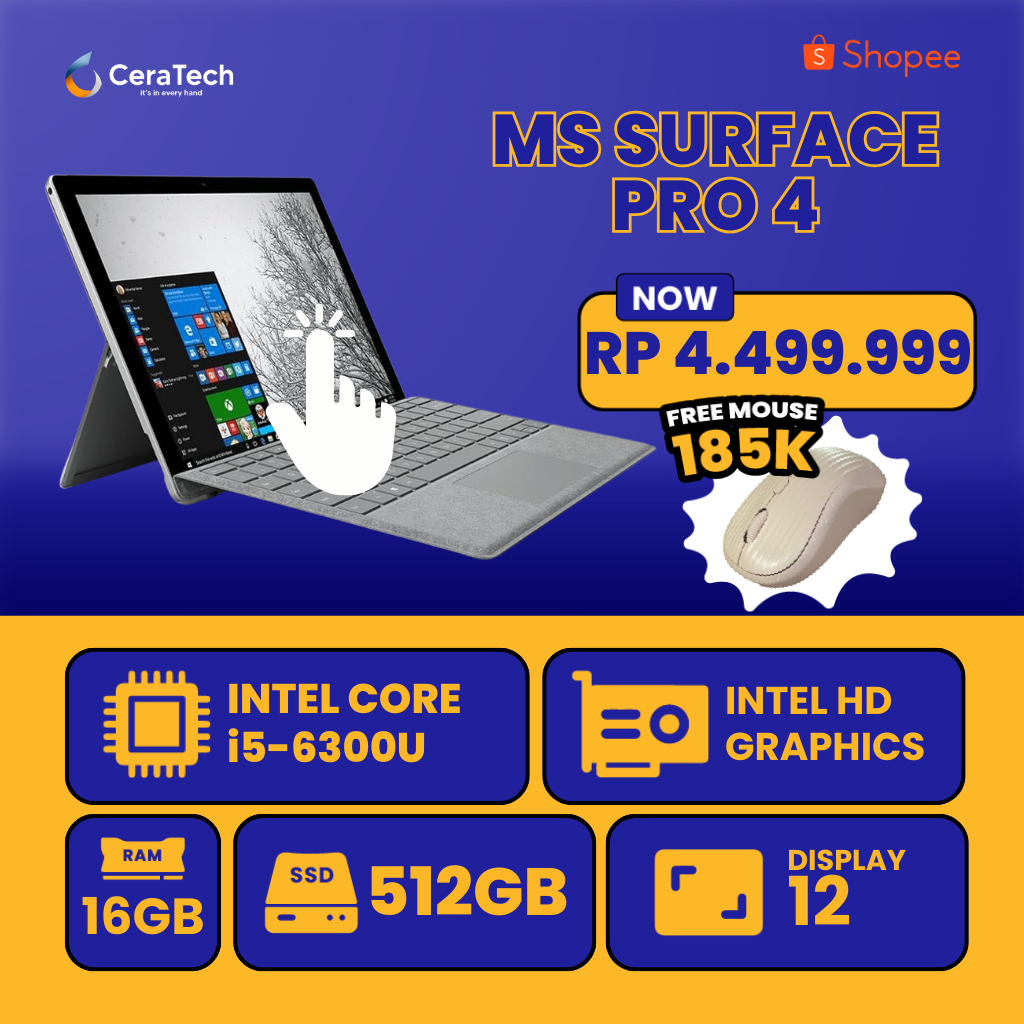 LAPTOP 2IN1 MICROSOFT SURFACE PRO 4 / Core i7 Gen 6 / RAM 16GB SSD 512GB / LAPTOP 2IN1 SECOND BERGAR