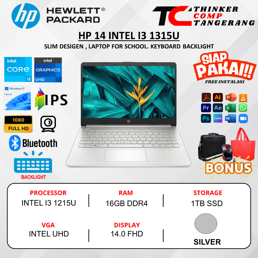 Laptop Murah Baru Hp 14 Intel Core I3 1215U Ram 16GB Ssd 512GB FHD Backlight Windows 11 Original
