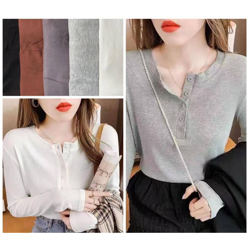 07491 Kaos Knit RIB JYZ Fashion Classic Studio Model Half Button Depan V Neck Lengan Panjang / Kaos 