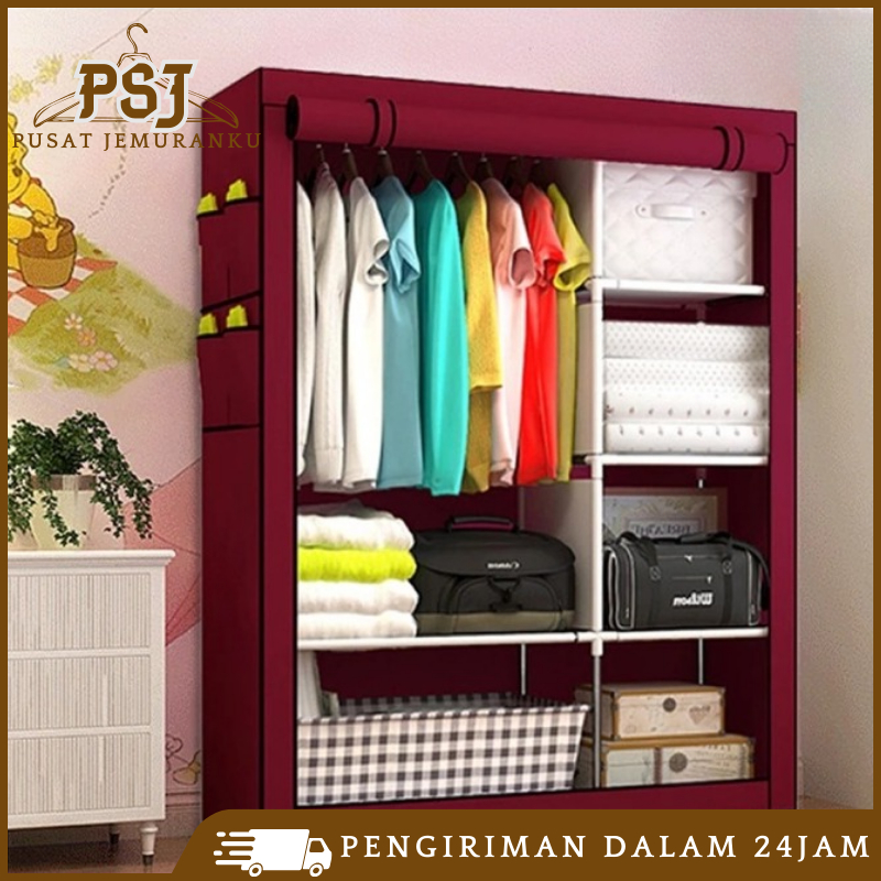 Lemari Baju Rak Baju Dengan Tutup Resleting Lemari Kain Plastik Portable 2 Sisi