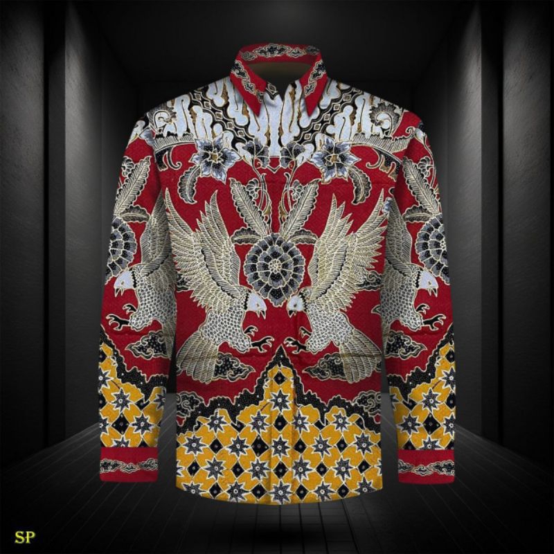 kain batik tulis pria prada warna merah bahan sutera. ban