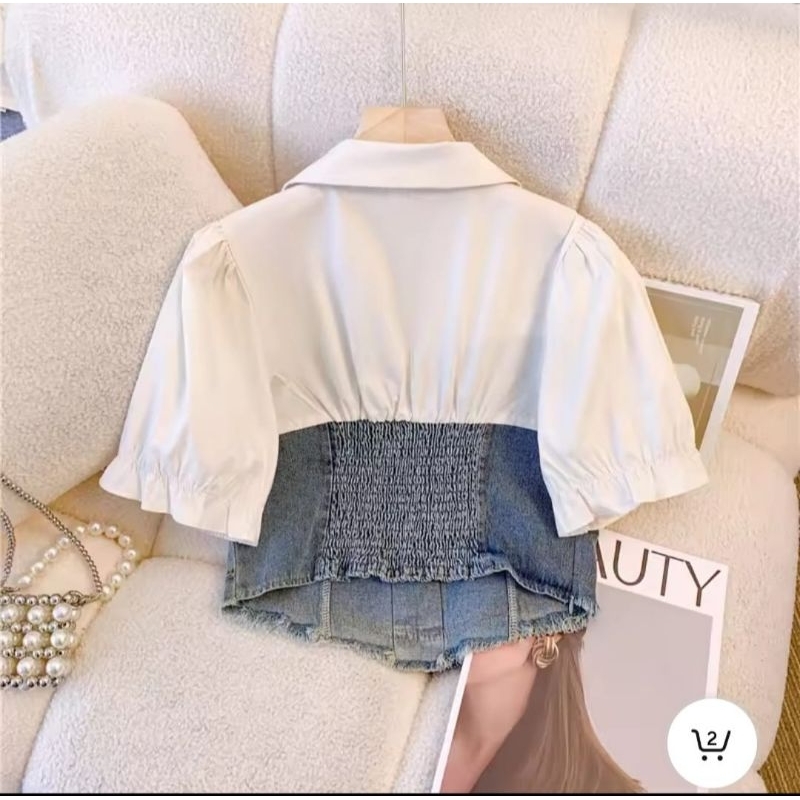 D3W BAJU ATASAN WANITA KROP TOP JEANS KOMBINASI KATUN PREMIUM/ATASAN JEANS WANITA