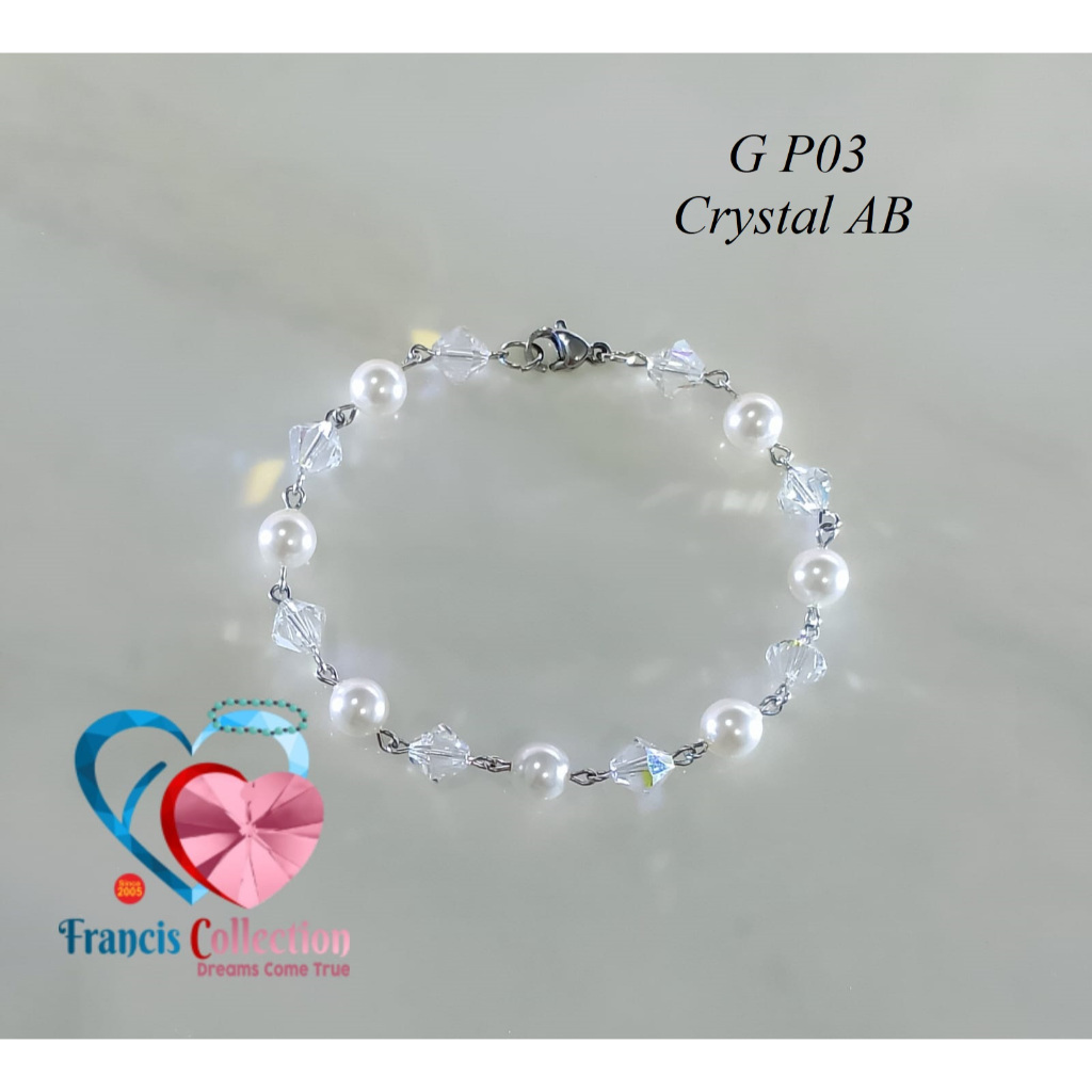 Francis Collection. G P03. Gelang Kristal Swarovski Bicone 6mm dipadu utiara Swarovski 6mm. Anti Kar