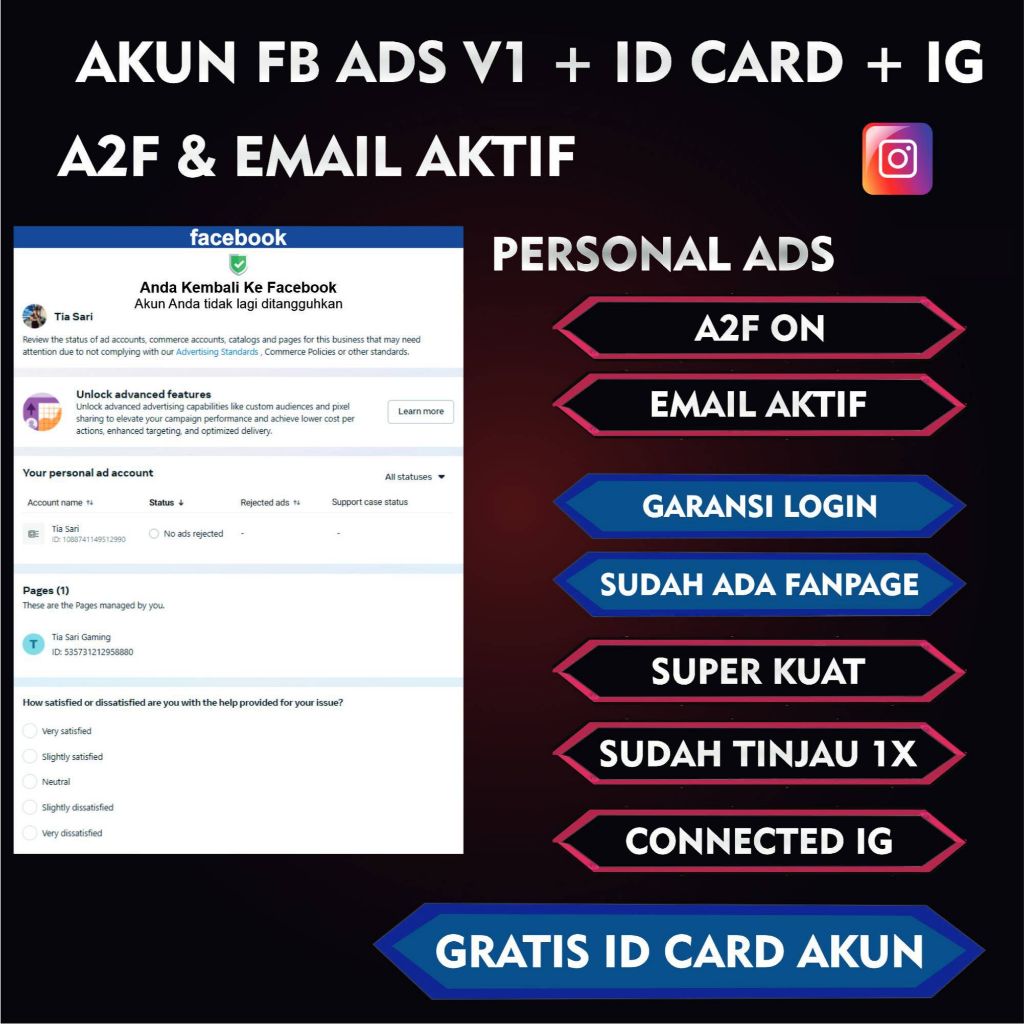 FB Ads Personal + Akun Tua + ID CARD + Banding 1X +  IG + Sudah Berhalaman, A2F ON Dan Email Aktif