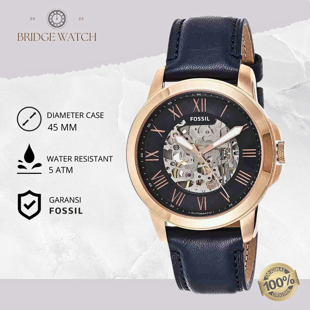 Jam Tangan Fossil Pria Original ME3102 Automatic Grant Analog Leather Strap Kulit Cowok Navy Blue Sk