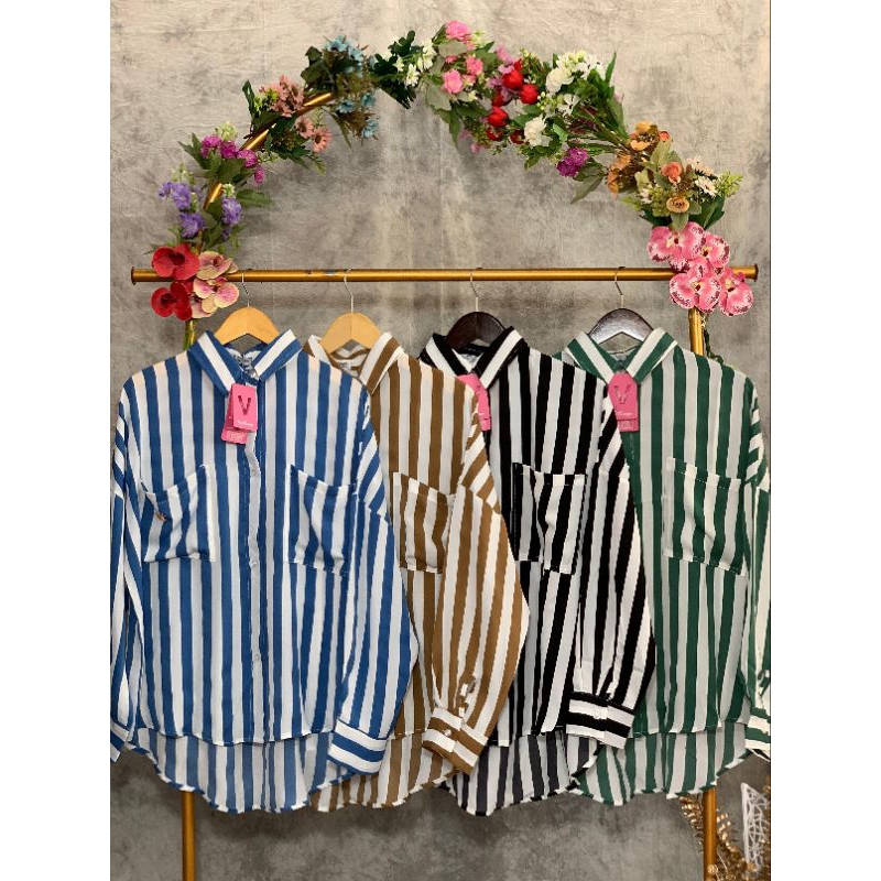 Kemeja Bahan Satin/Atasan Stripe Wanita