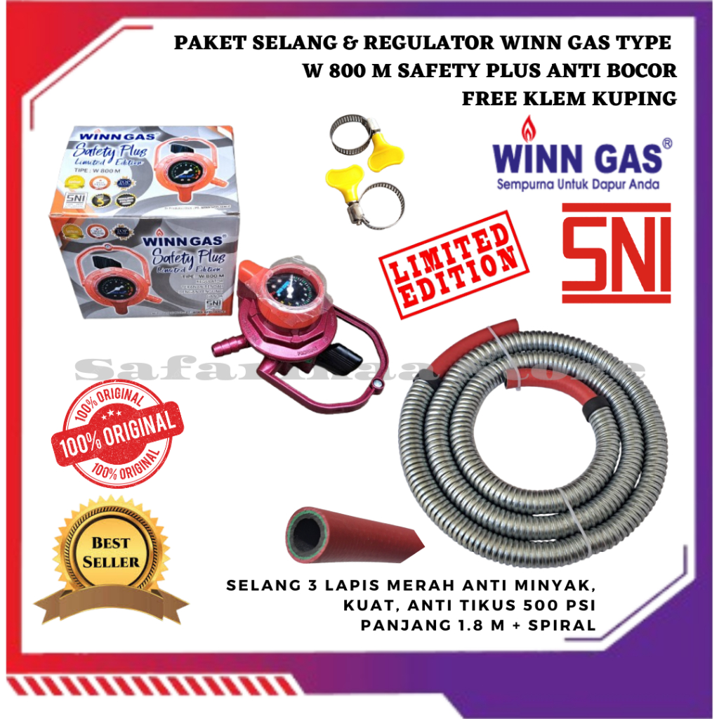 REGULATOR ANTI BOCOR KOMPOR GAS LPG WINN GAS W 800 M SAFETY PLUS SET SELANG GASCOMP 3 LAPIS 500 PSI
