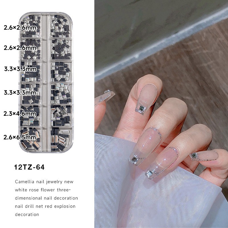 GNA Tempelan Kuku 3D - Set isi 12 Hiasan Nail Art Berlian Kotak - Nail Decoration Berlian - Aksesori