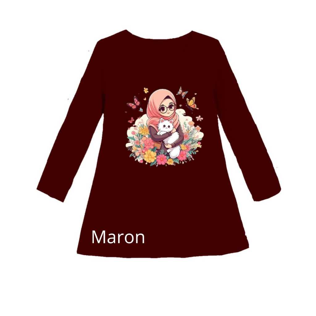 Dress Tunik Santai Motif Gambar kartun Anak MUSLIM FLOWER Oblong lengan Panjang Gamis Cewek Usia 3-1
