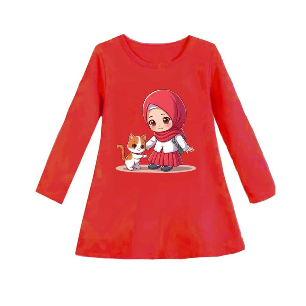 Dress Tunik Santai Motif Gambar kartun Anak MUSLIM CAT Oblong lengan Panjang Gamis Cewek Usia 3-12 T