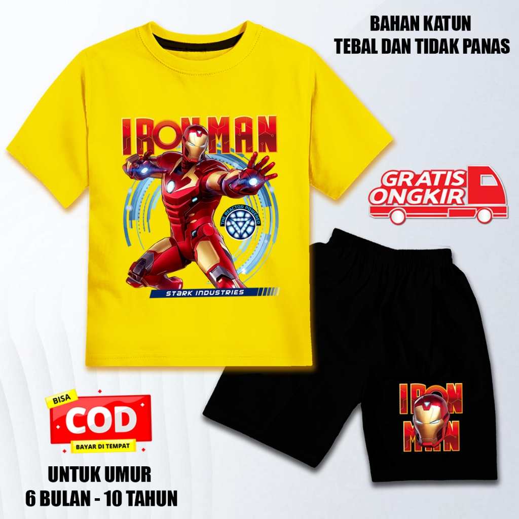 Setelan lengan pendek anak laki laki perempuan set baju kaos anak katun celana hitam iron man 1