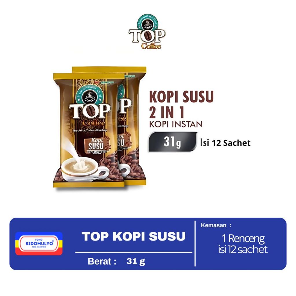 

Top Coffee Kopi Susu 3 in 1 Pack 31 gr Isi 12 Pcs