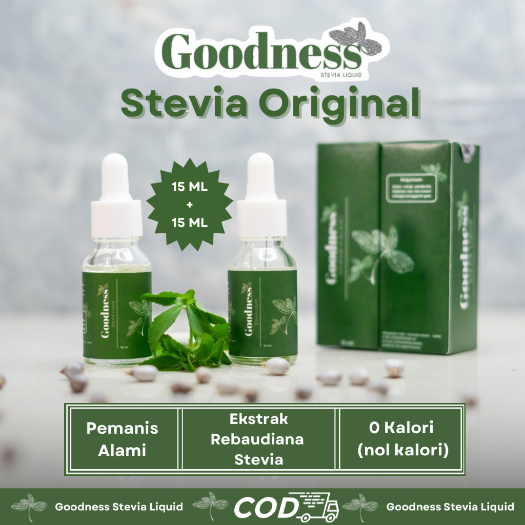 

Goodness Stevia Isi Duwa 15ml | Pemanis Stevia Alami 0 Kalori | Stevia Original | Diet & Diabetes