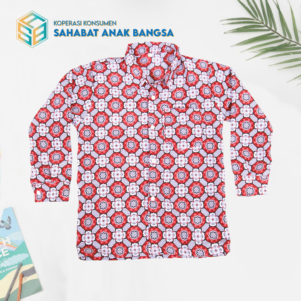 Baju Batik Sekolah SD Nasional Motif Bunga Matahari Varian Warna Merah Lengan Panjang
