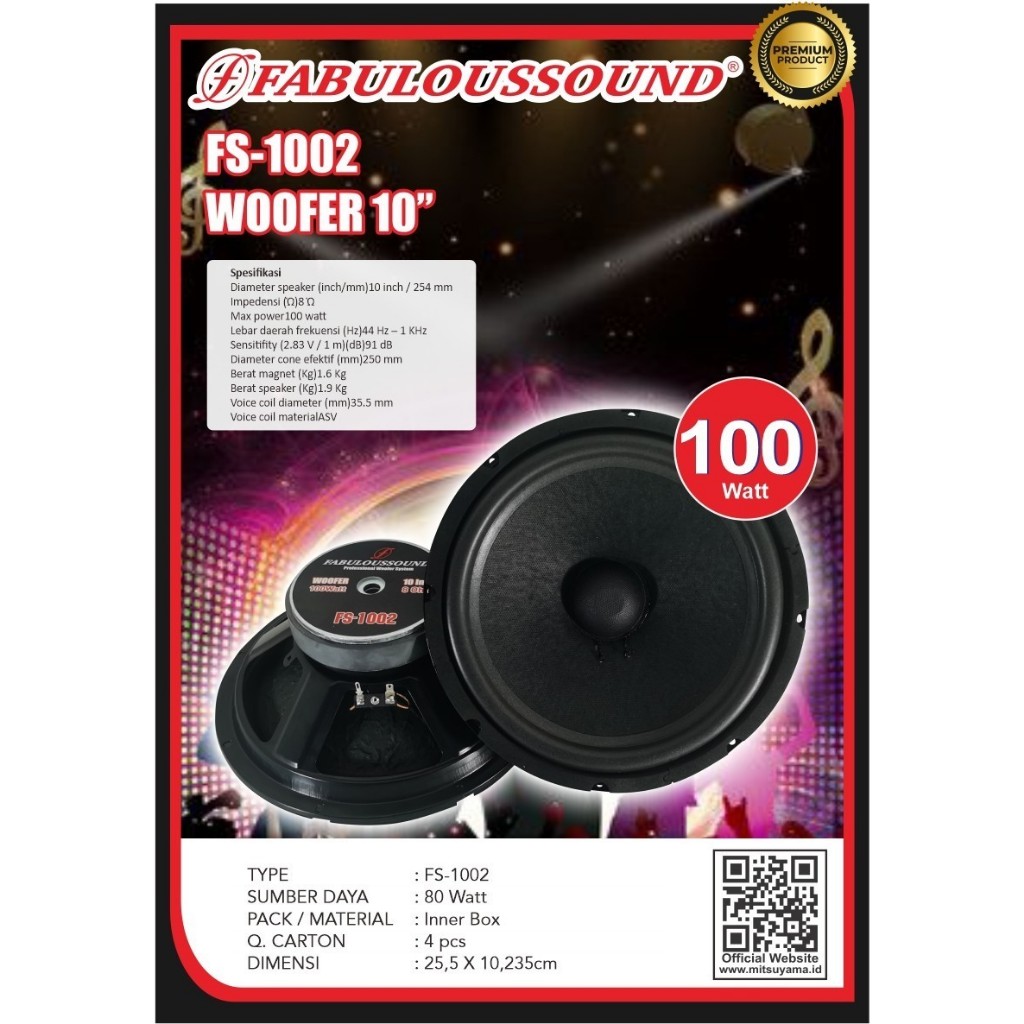 Speaker 10" Subwoofer Fabuloussound FS-1002 100 Watt