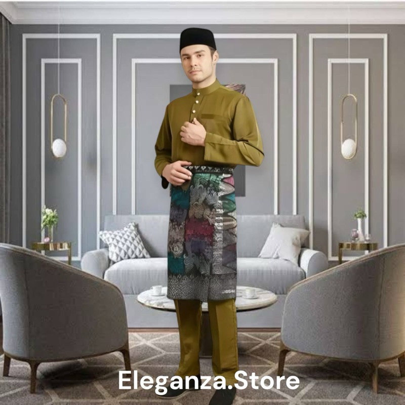 Setelan Baju Melayu Pria Teluk Belanga Bahan Katun Toyobo Warna Olive Satu Set Cekak Musang Pakaian 