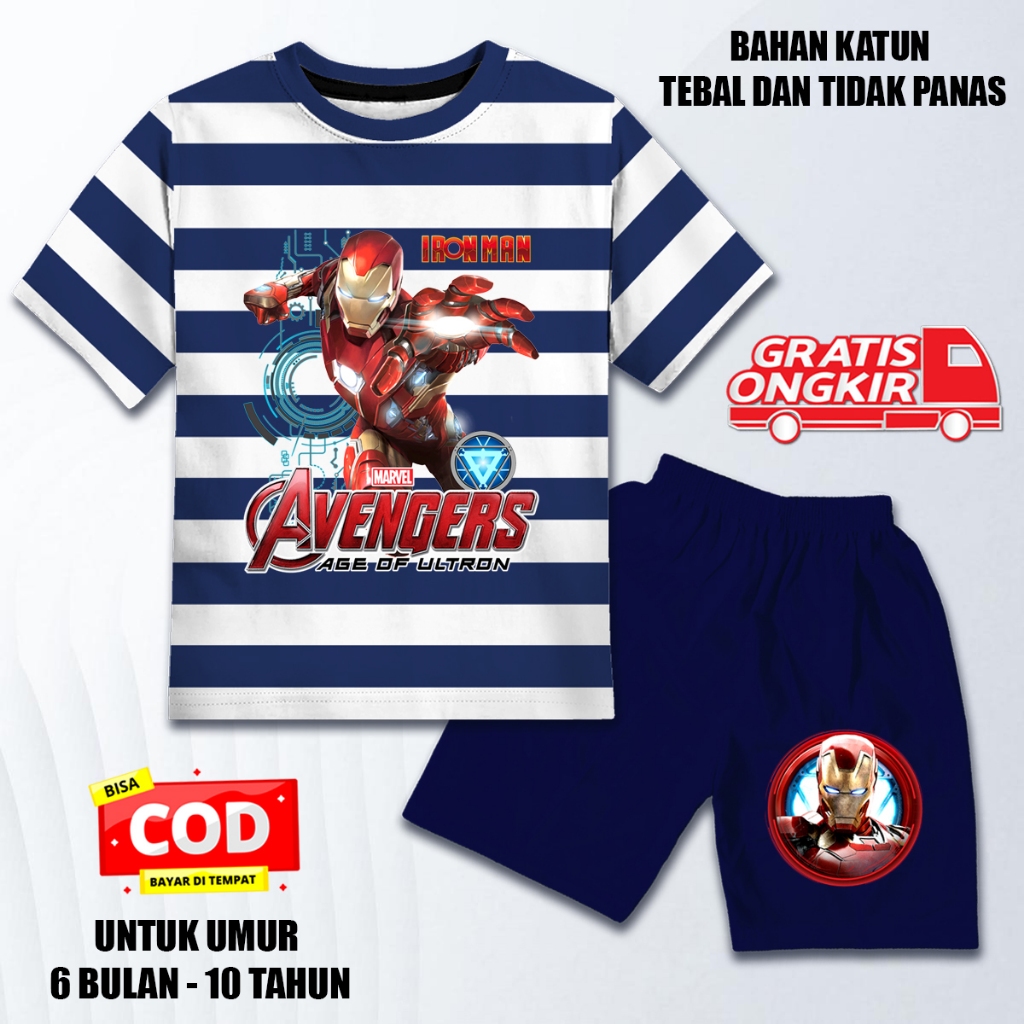 Setelan salur lengan pendek anak laki laki perempuan set baju kaos anak katun dtf iron man 2